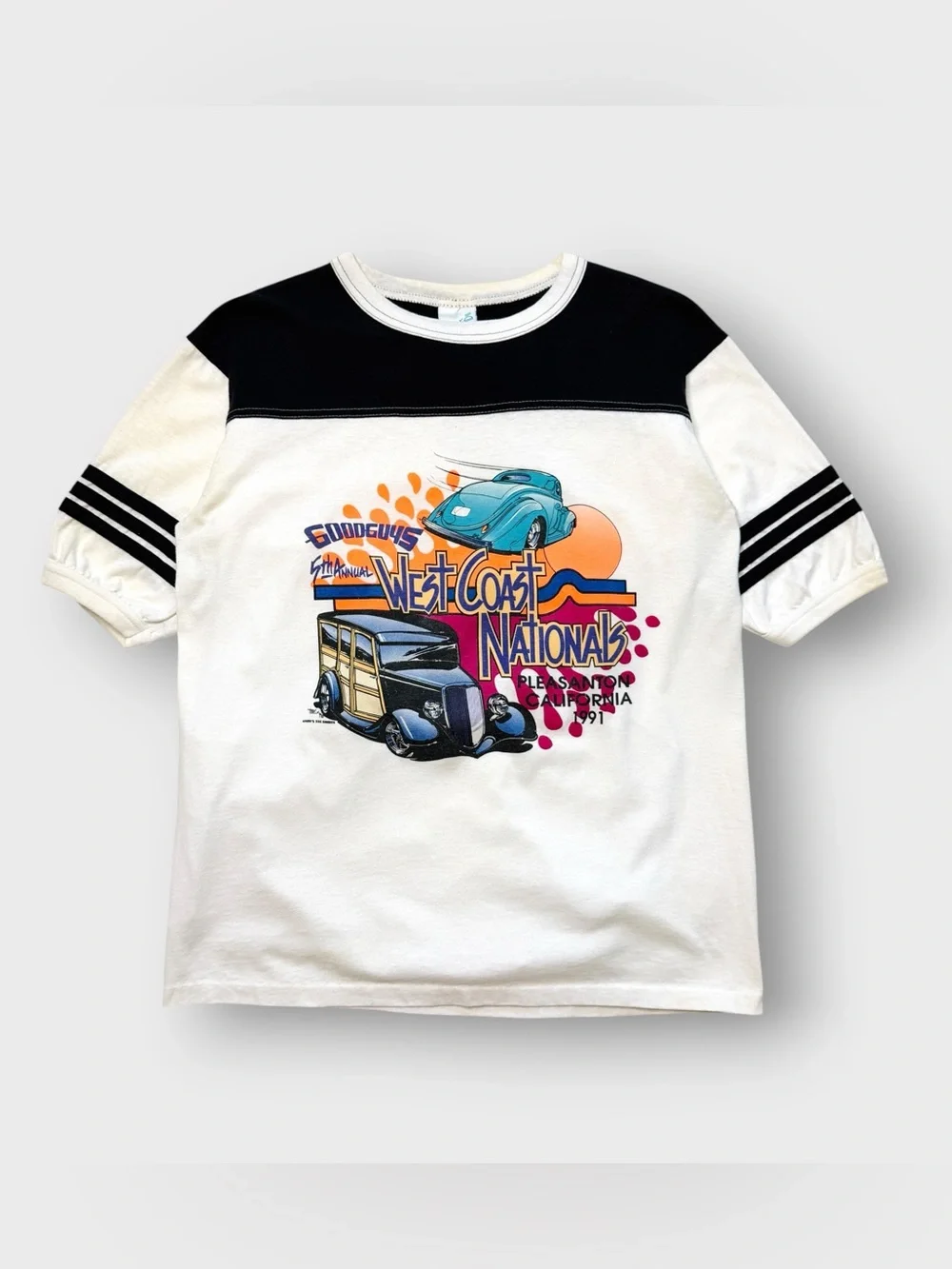 Vintage 1991 Good Guys West Coast Nationals Ringer Shirt, Alore 80s 90s Hot Rod